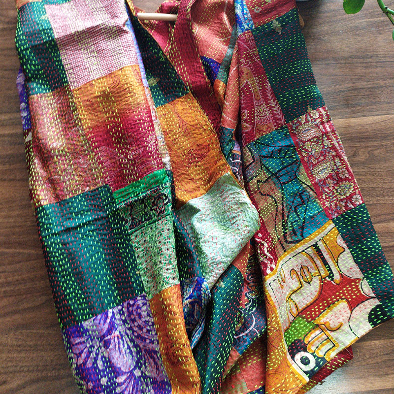 Reversible Patchwork Silk Kantha Dupatta Multicolored - Yashica Creations